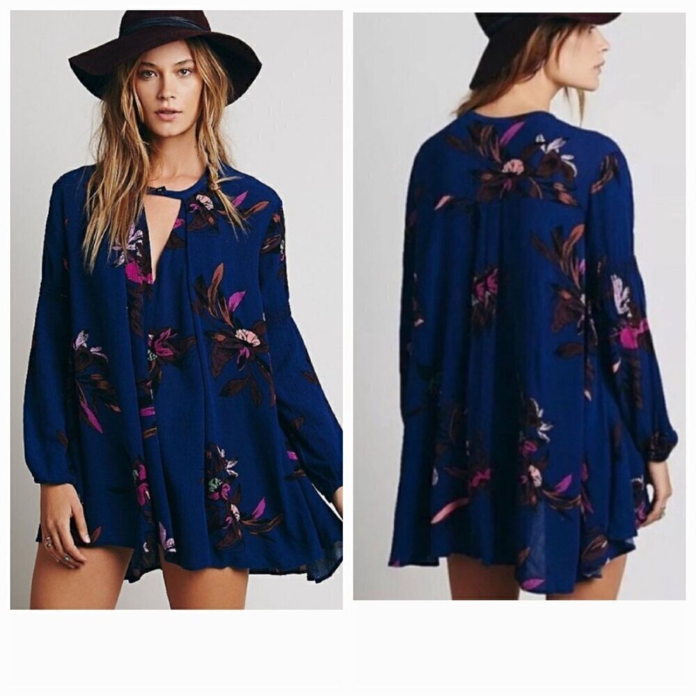 Free People sz XS mini dress tunic Long Sleeve blue boho